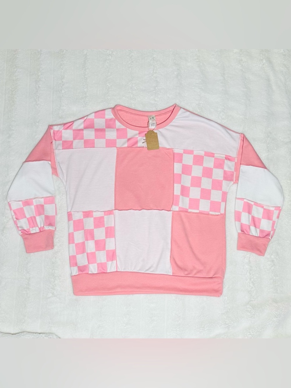 Pink & White Checkerboard Patchwork Sweatshirt